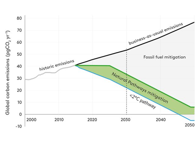 Infographic showing the contribution of natural climate solutions to stabilizing warming below 2 degrees celsius.